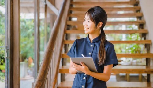 Firefly 福祉用具専門相談員 日本人　女性　利用者の自宅階段　明るい　髪の毛は束ねている　タブレットを持っている　ポロシャツ 26628